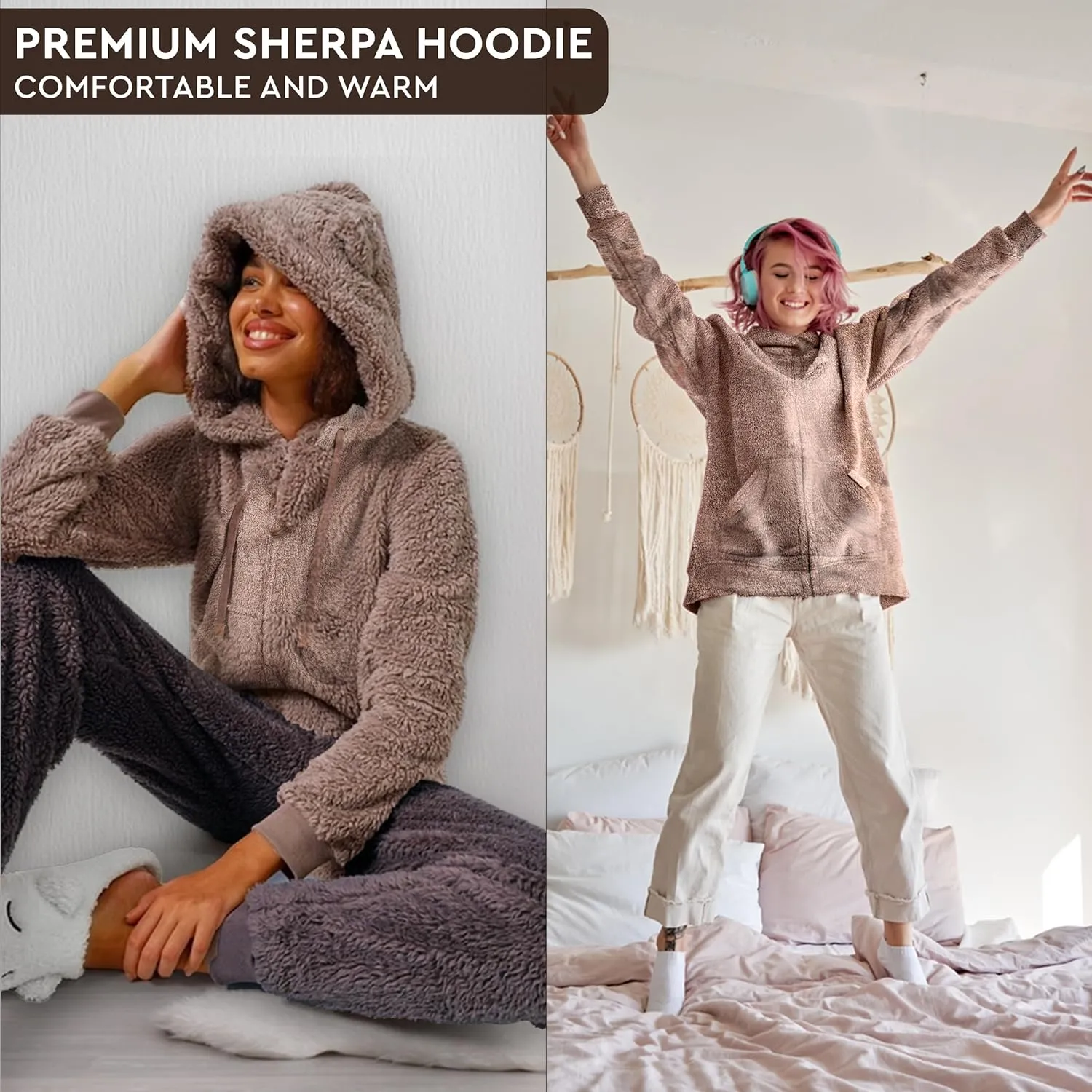 TrailCrest Women's Casual Sherpa Fuzzy Fleece Hoodie Full Zip with Thumb Holes Relaxed Fit