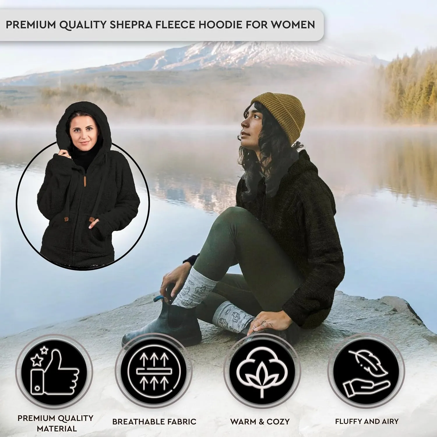 TrailCrest Women's Casual Sherpa Fuzzy Fleece Hoodie Full Zip with Thumb Holes Relaxed Fit