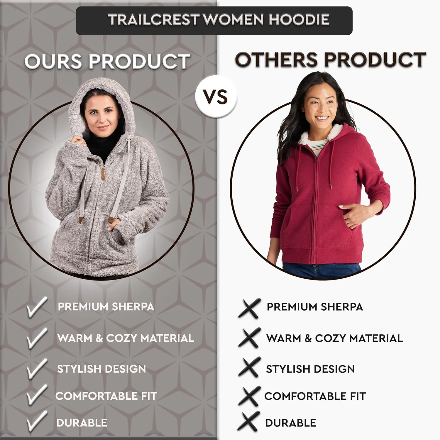 TrailCrest Women's Casual Sherpa Fuzzy Fleece Hoodie Full Zip with Thumb Holes Relaxed Fit
