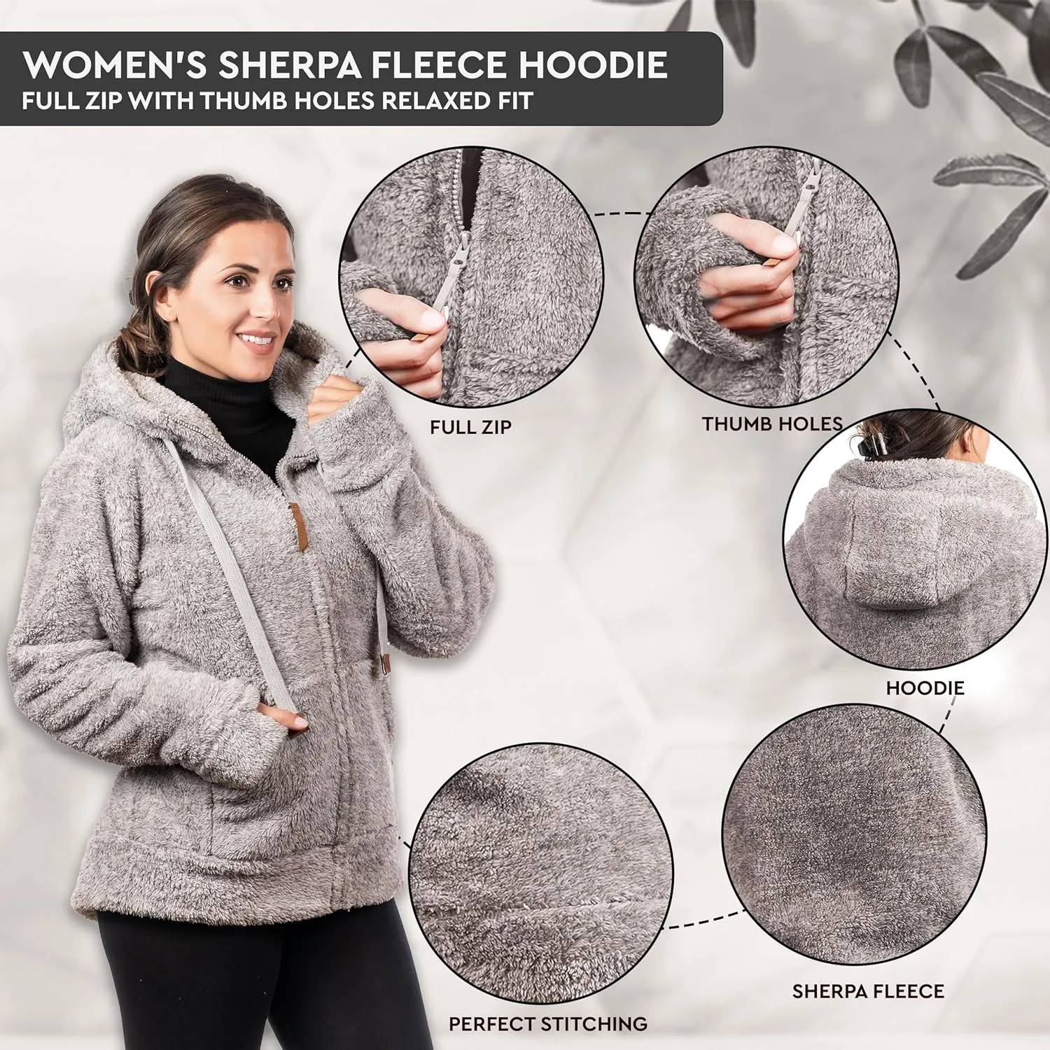 TrailCrest Women's Casual Sherpa Fuzzy Fleece Hoodie Full Zip with Thumb Holes Relaxed Fit