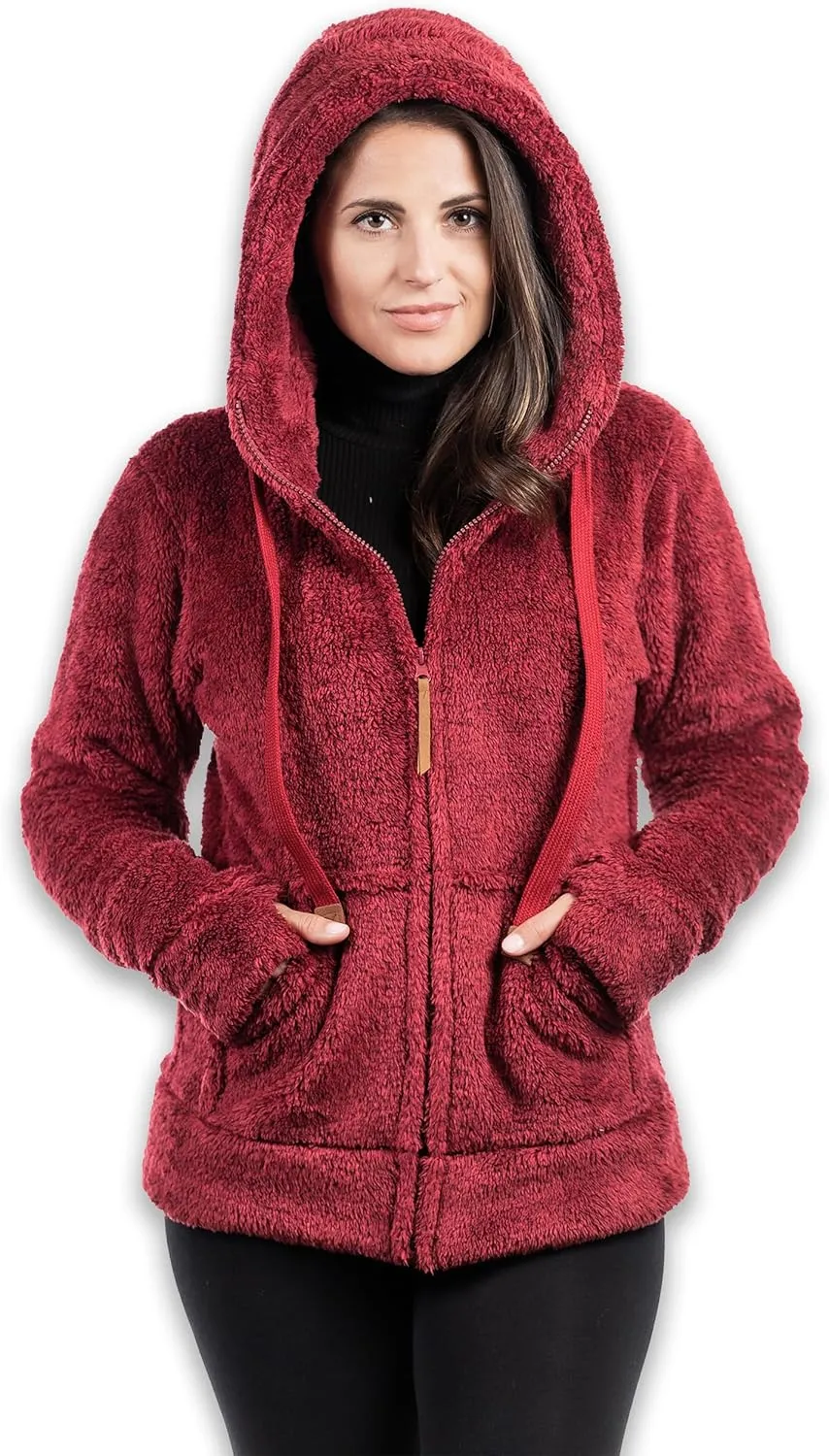 TrailCrest Women's Casual Sherpa Fuzzy Fleece Hoodie Full Zip with Thumb Holes Relaxed Fit