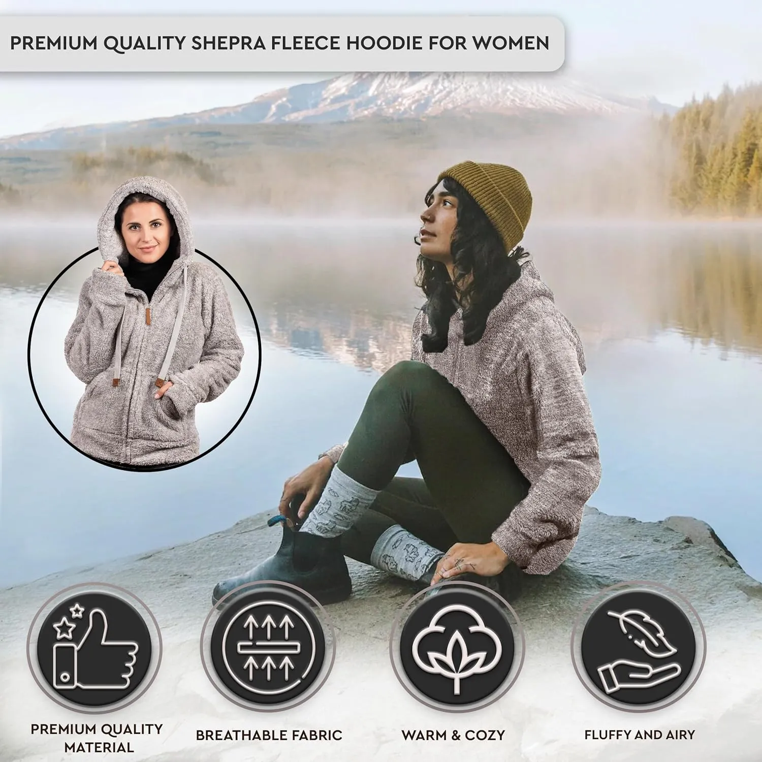 TrailCrest Women's Casual Sherpa Fuzzy Fleece Hoodie Full Zip with Thumb Holes Relaxed Fit