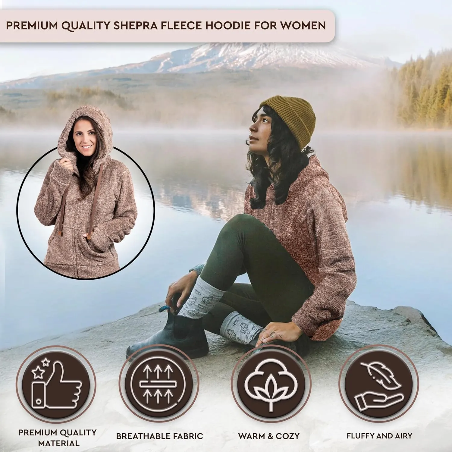 TrailCrest Women's Casual Sherpa Fuzzy Fleece Hoodie Full Zip with Thumb Holes Relaxed Fit