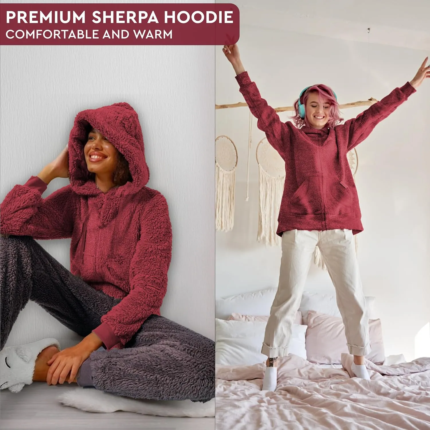 TrailCrest Women's Casual Sherpa Fuzzy Fleece Hoodie Full Zip with Thumb Holes Relaxed Fit