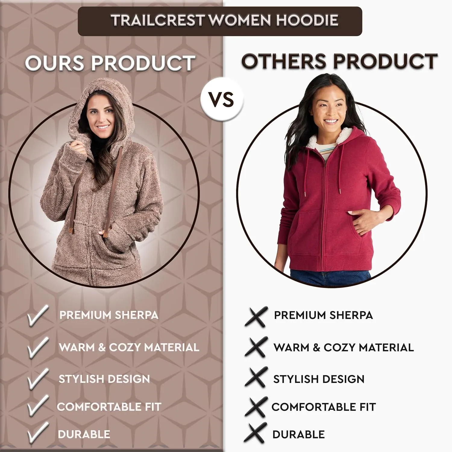 TrailCrest Women's Casual Sherpa Fuzzy Fleece Hoodie Full Zip with Thumb Holes Relaxed Fit