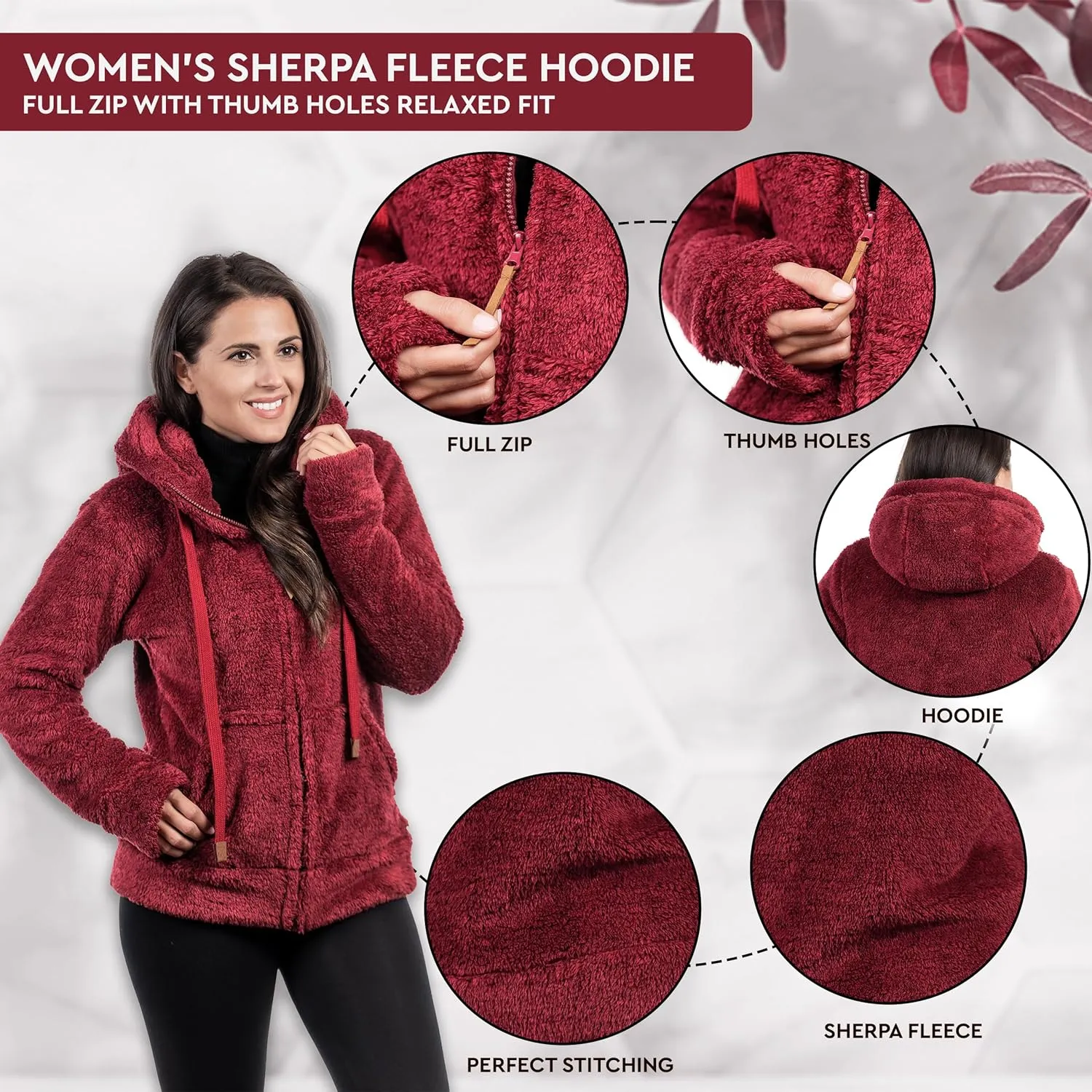 TrailCrest Women's Casual Sherpa Fuzzy Fleece Hoodie Full Zip with Thumb Holes Relaxed Fit