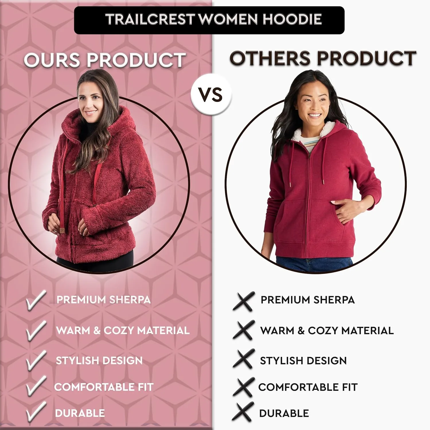 TrailCrest Women's Casual Sherpa Fuzzy Fleece Hoodie Full Zip with Thumb Holes Relaxed Fit