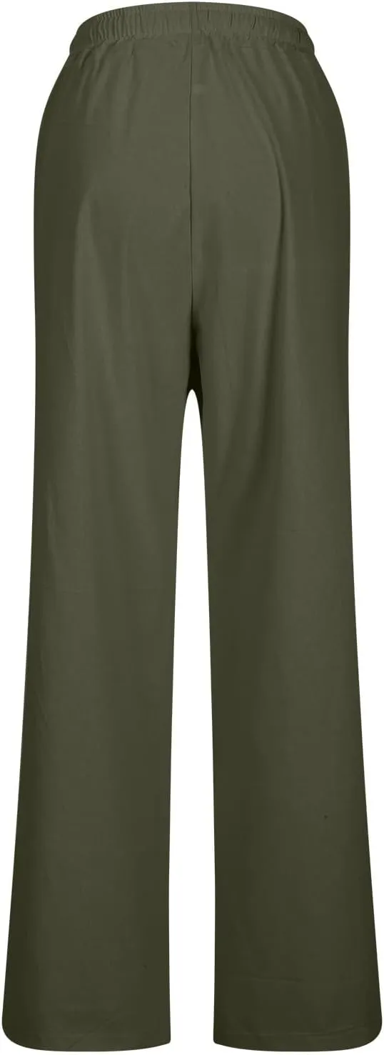 Trendy Pants for Women,Wwomens Casual Summer 2025 Drawstring Elastic High Waist Pant Comfy Solid Wide Leg Trouser