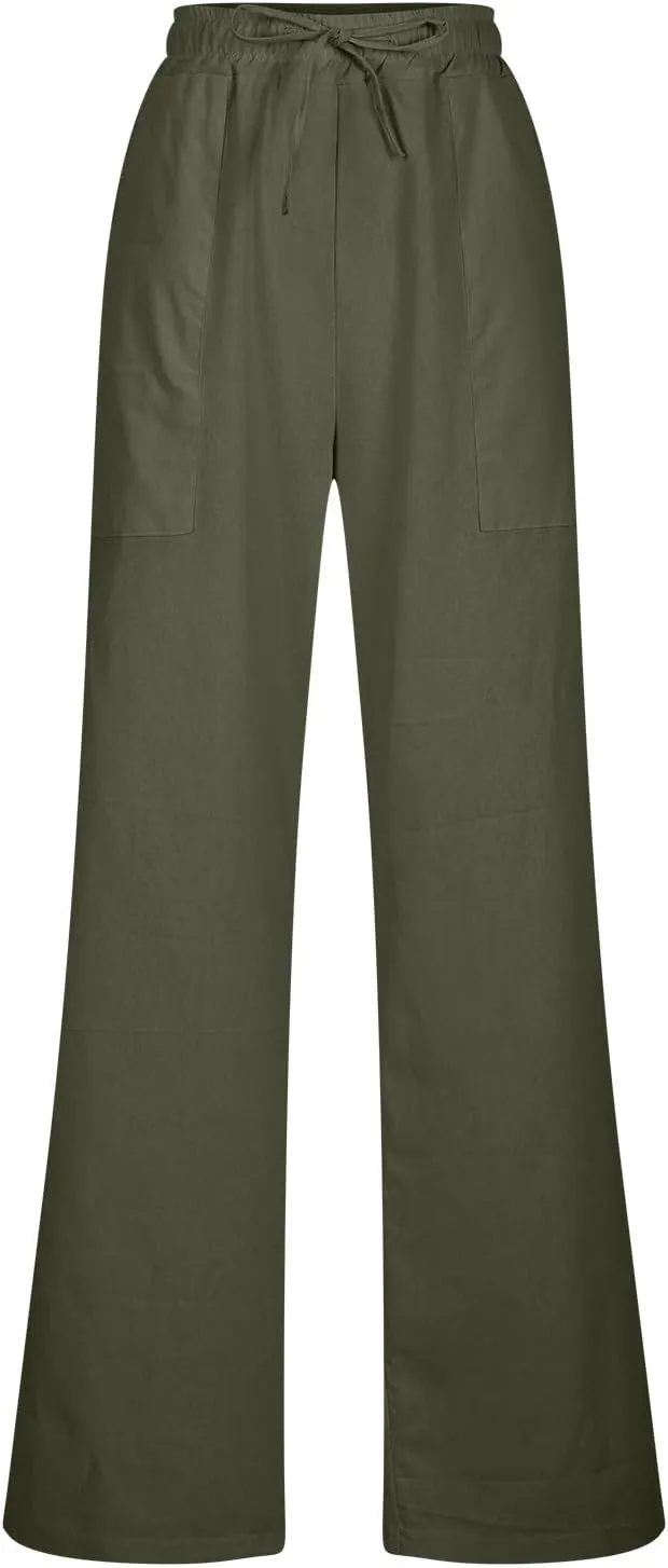 Trendy Pants for Women,Wwomens Casual Summer 2025 Drawstring Elastic High Waist Pant Comfy Solid Wide Leg Trouser