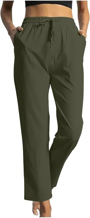 Trendy Pants for Women,Wwomens Casual Summer 2025 Drawstring Elastic High Waist Pant Comfy Solid Wide Leg Trouser
