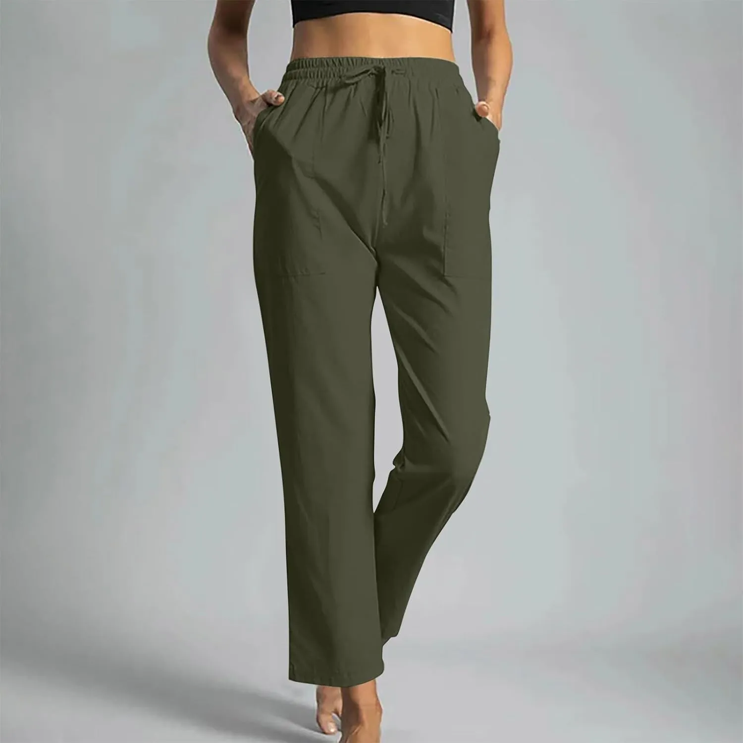 Trendy Pants for Women,Wwomens Casual Summer 2025 Drawstring Elastic High Waist Pant Comfy Solid Wide Leg Trouser