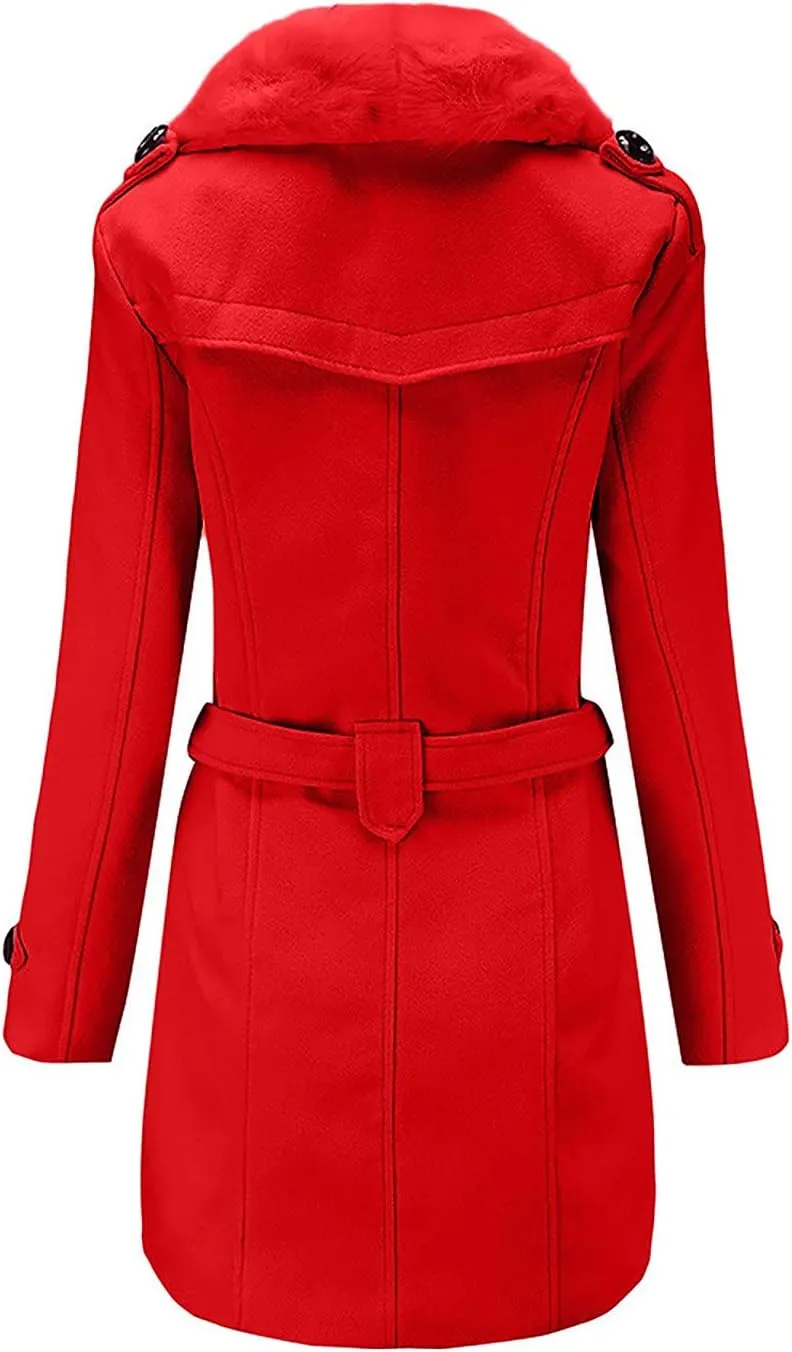 tuduoms Women Fashion Faux Fur Collar Trench Coat Double-Breasted Wool Blend Pea Coat Long Slim Jacket Windbeaker Dress Coats