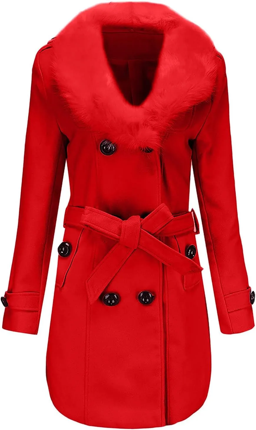 tuduoms Women Fashion Faux Fur Collar Trench Coat Double-Breasted Wool Blend Pea Coat Long Slim Jacket Windbeaker Dress Coats