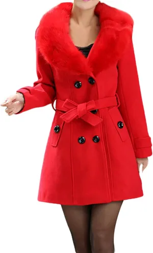 tuduoms Women Fashion Faux Fur Collar Trench Coat Double-Breasted Wool Blend Pea Coat Long Slim Jacket Windbeaker Dress Coats