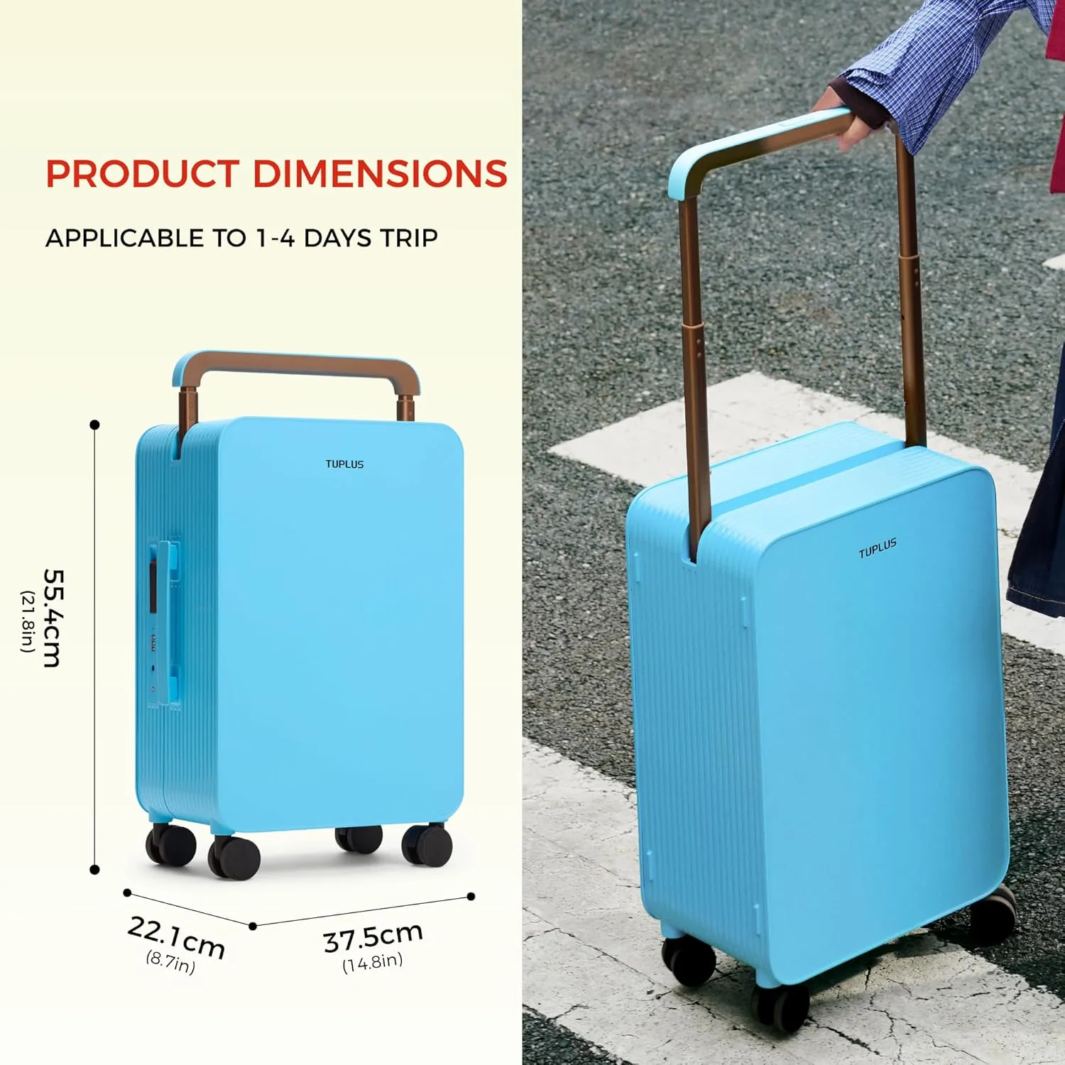 TUPLUS 20 Carry-On Hardside Luggage Lightweight ABS Travel Suitcase with Wide Handle Spinner Wheels TSA Combination Lock, Balance Series 2.0, Clear Sky Blue