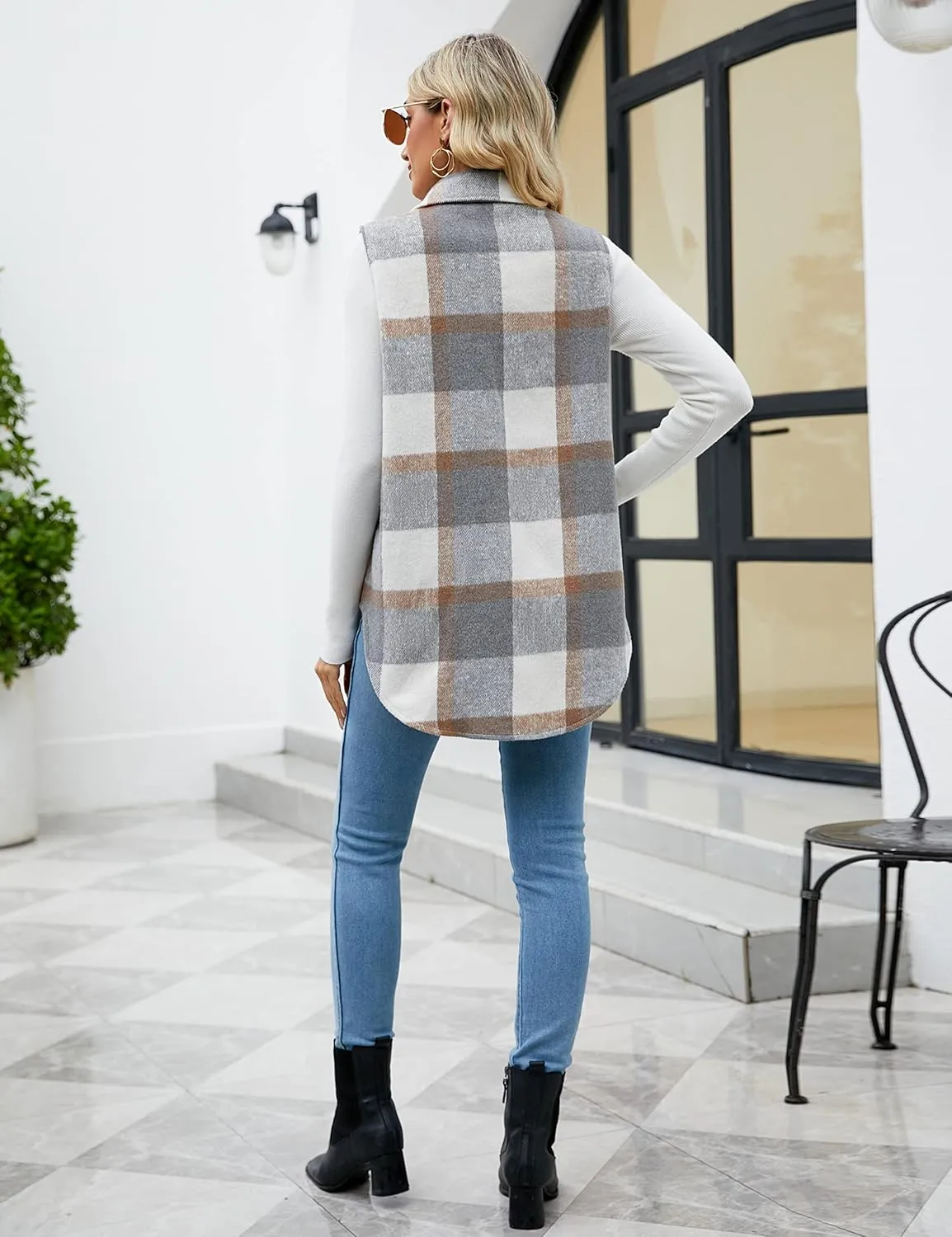 UANEO Womens Fall Flannel Plaid Vest Button Down Sleeveless Shirt Jacket With Pockets