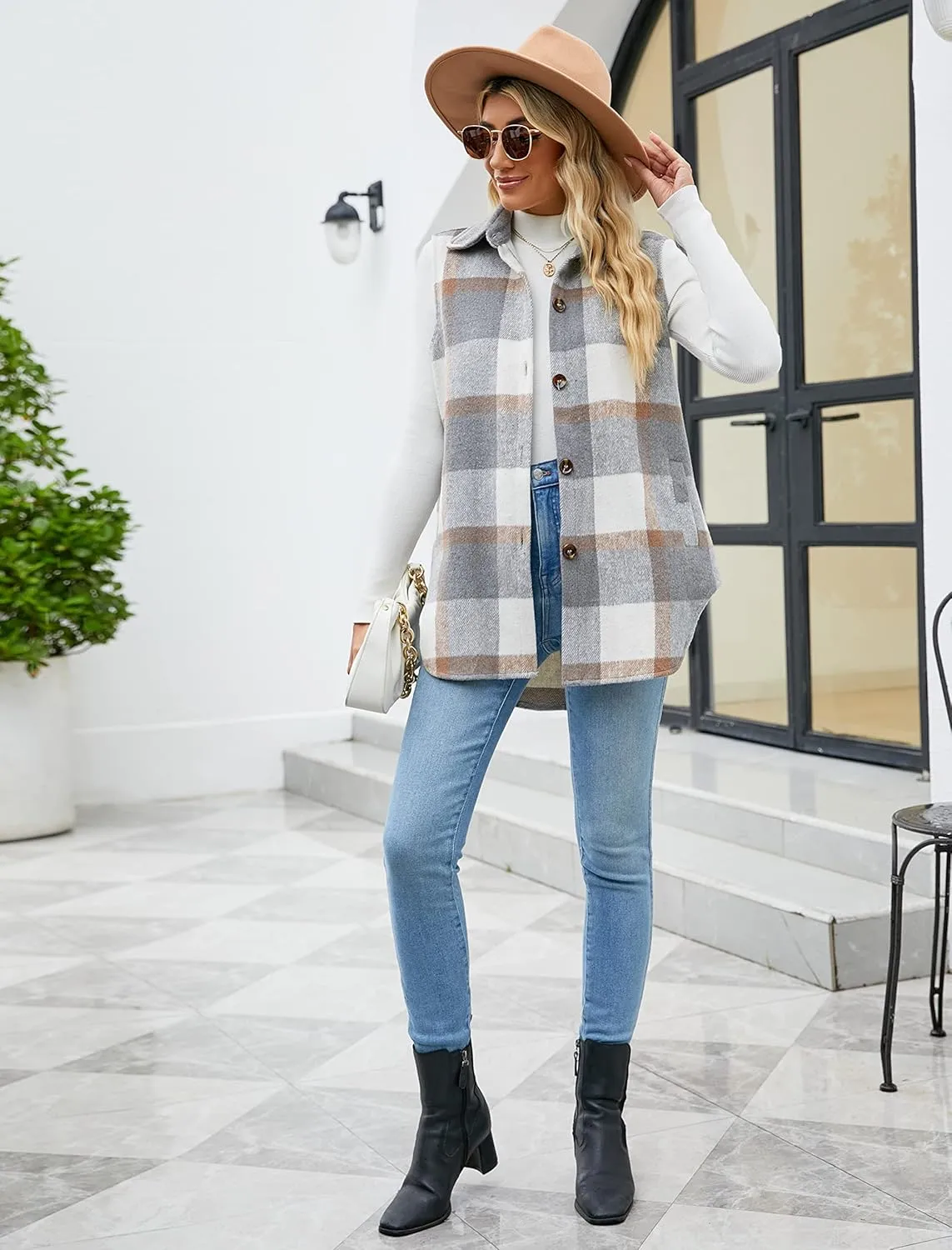 UANEO Womens Fall Flannel Plaid Vest Button Down Sleeveless Shirt Jacket With Pockets
