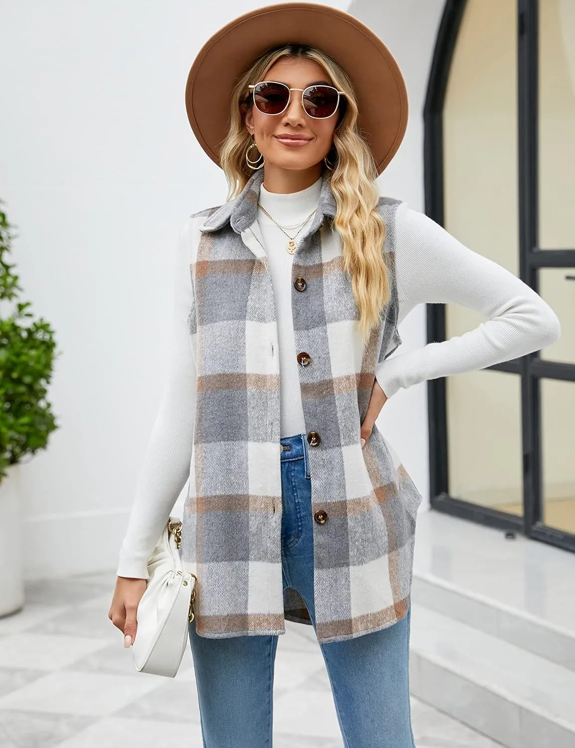 UANEO Womens Fall Flannel Plaid Vest Button Down Sleeveless Shirt Jacket With Pockets
