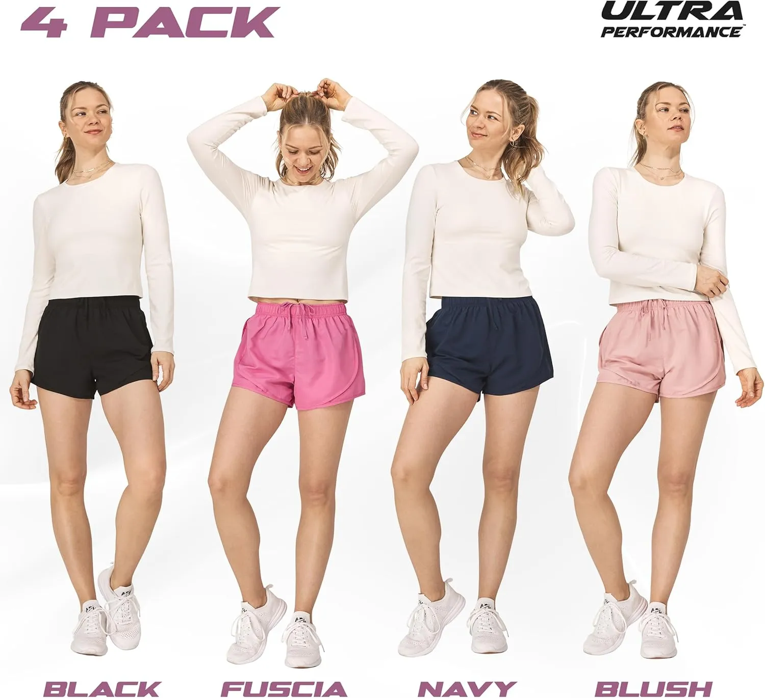 Ultra Performance Women's Running Shorts 4-Pack Athletic Workout Gym Shorts for Women, with Brief Liner