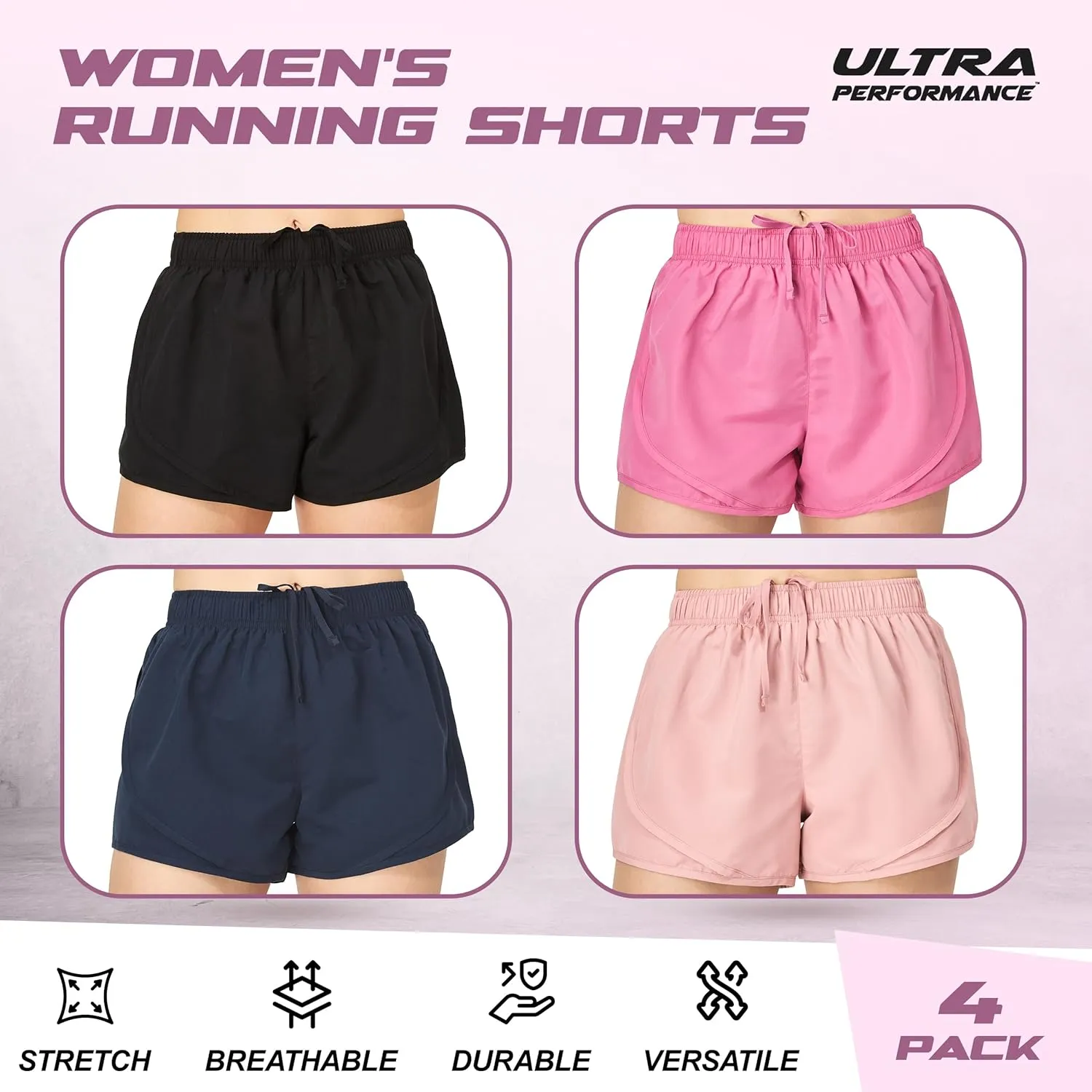 Ultra Performance Women's Running Shorts 4-Pack Athletic Workout Gym Shorts for Women, with Brief Liner