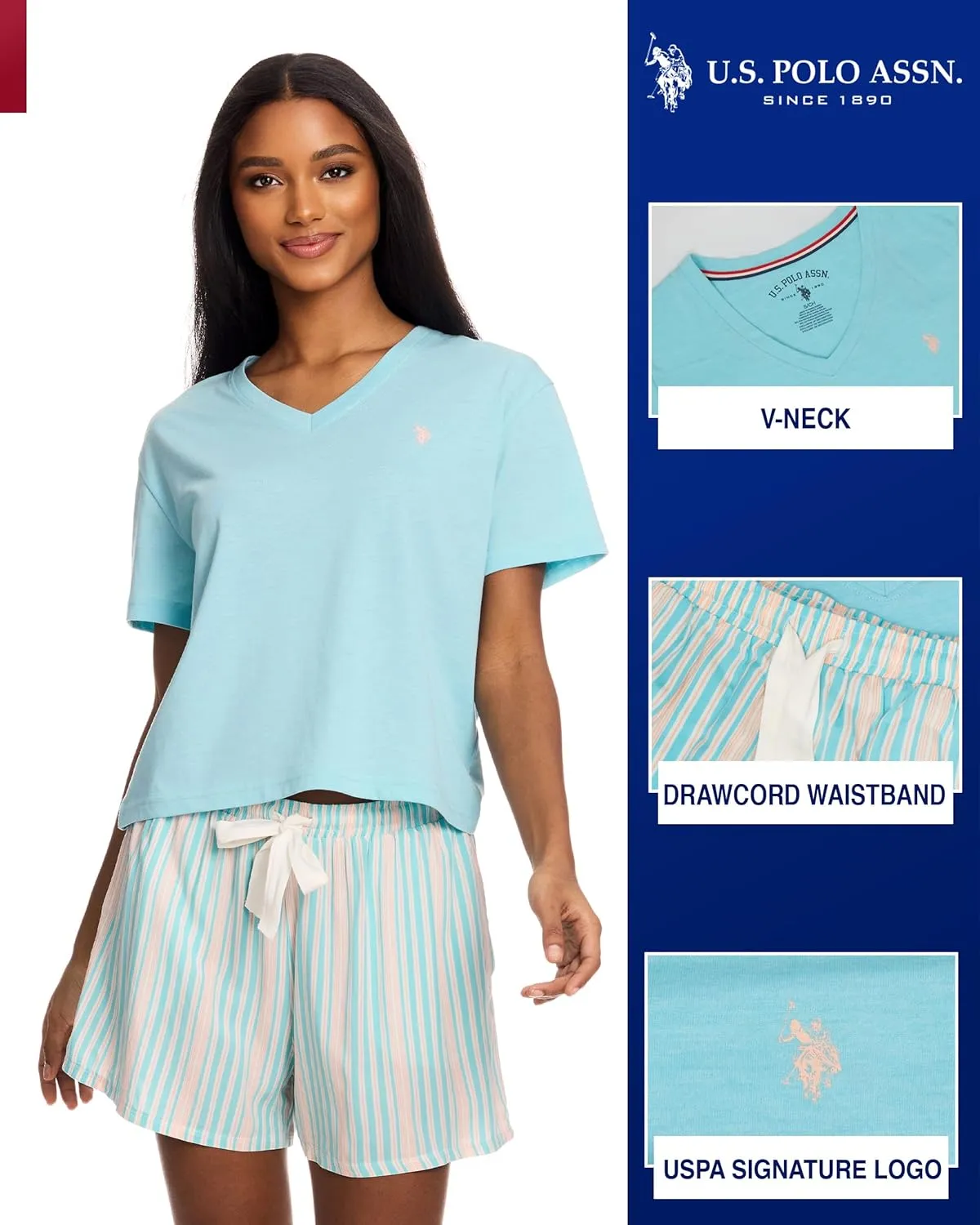 U.S. Polo Assn. Summer Pajamas for Women 2 Piece T-Shirt and Shorts Loungewear- Summer PJs for Women Set