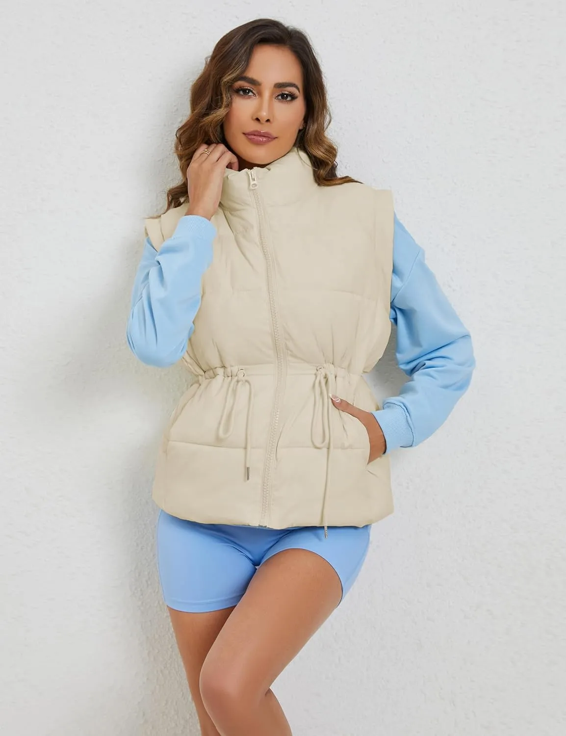 VAOYIU Womens Puffer Vest Adjustable Drawstring Waist Lightweight Quilted Zip Up Vest with Pockets