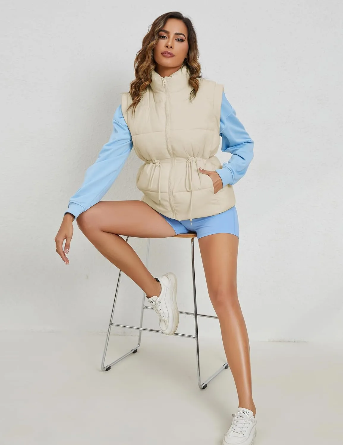 VAOYIU Womens Puffer Vest Adjustable Drawstring Waist Lightweight Quilted Zip Up Vest with Pockets