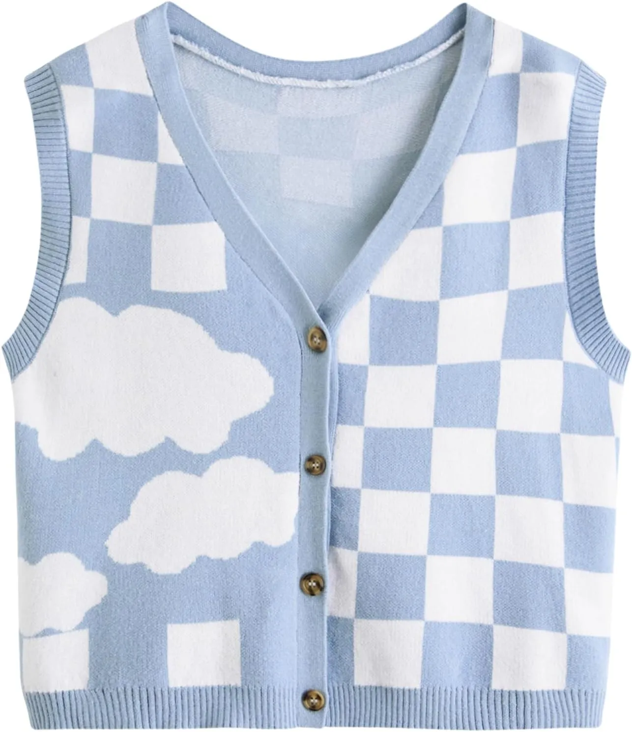Verdusa Women's Checkered Cardigan Plaid Knit Sweater Vest Button Up V Neck Sleeveless Tops