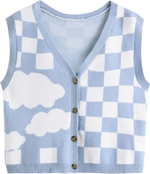 Verdusa Women's Checkered Cardigan Plaid Knit Sweater Vest Button Up V Neck Sleeveless Tops
