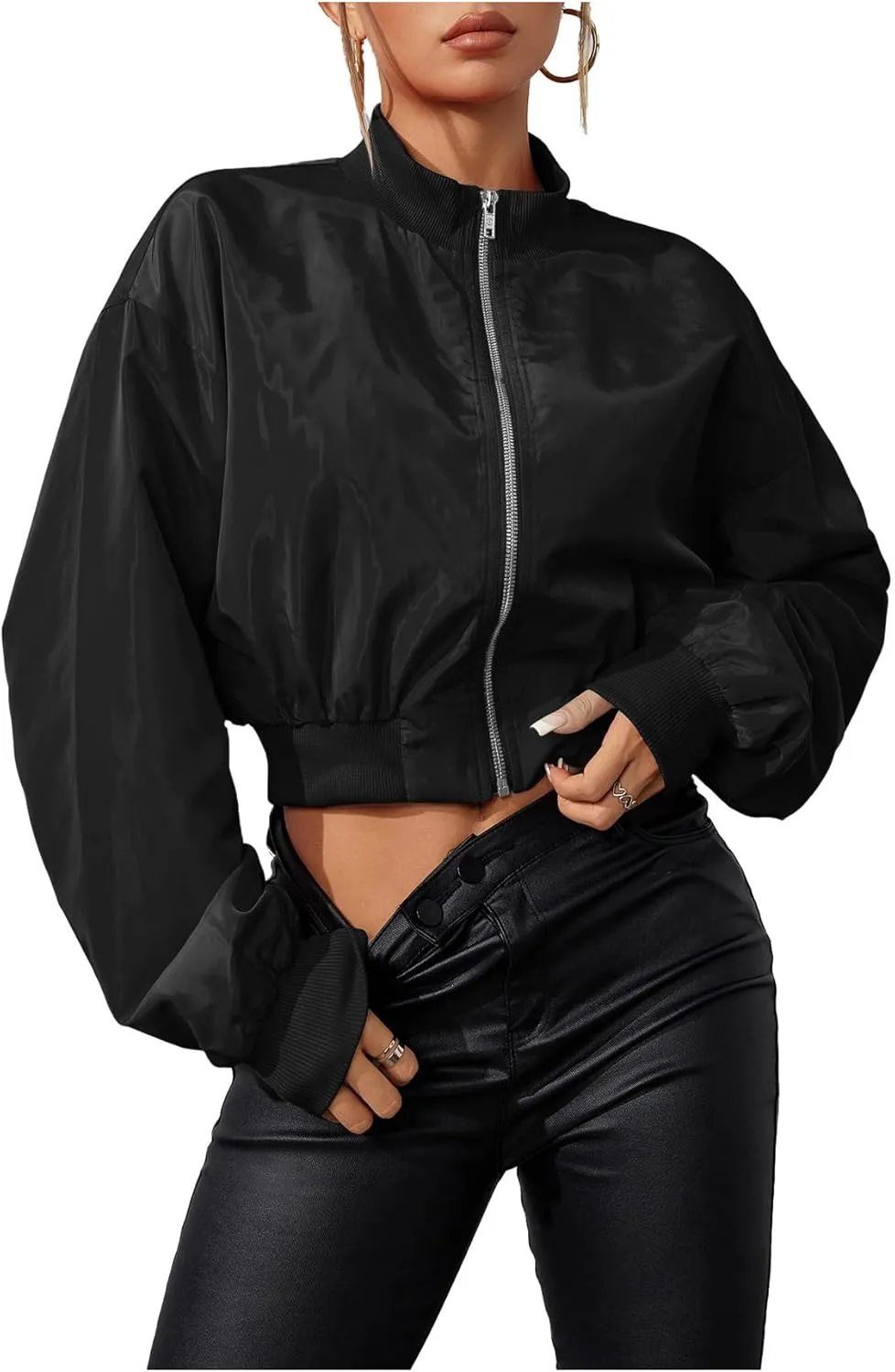 Verdusa Women's Cropped Bomber Lightweight Jacket Long Sleeve Zip Up Outerwear