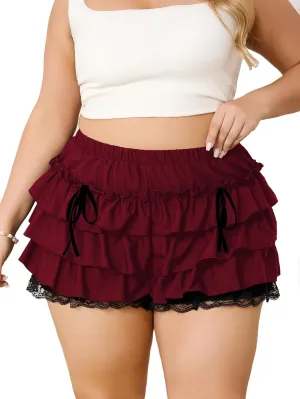 Verdusa Women's Plus Size Coquette Ruffle Shorts Bow Front Lace Trim Bloomer Shorts