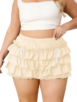Verdusa Women's Plus Size Coquette Ruffle Shorts Bow Front Lace Trim Bloomer Shorts