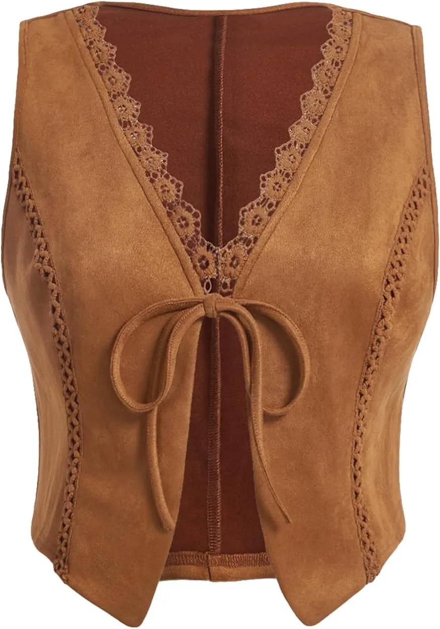Verdusa Women's Plus Size Tie Front Vest Sleeveless Asymmetrical Jacket Faux Suede Cardigan