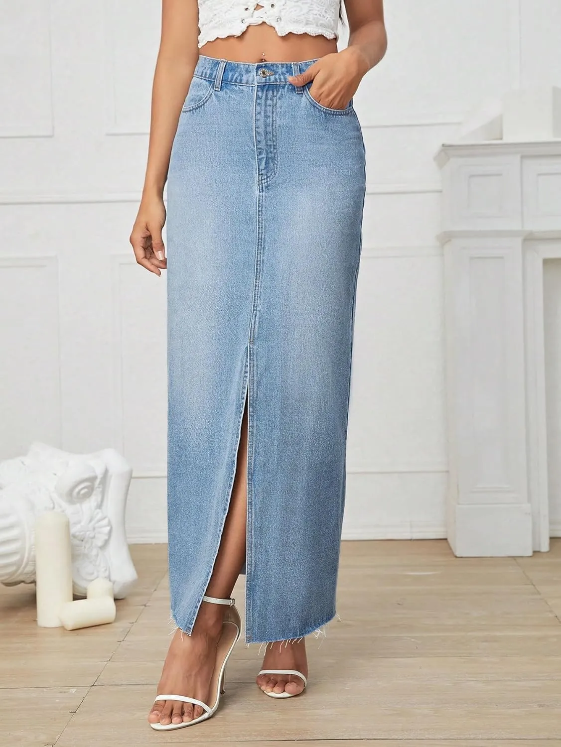 Verdusa Women's Split Thigh High Waist Bodycon Maxi Denim Skirt