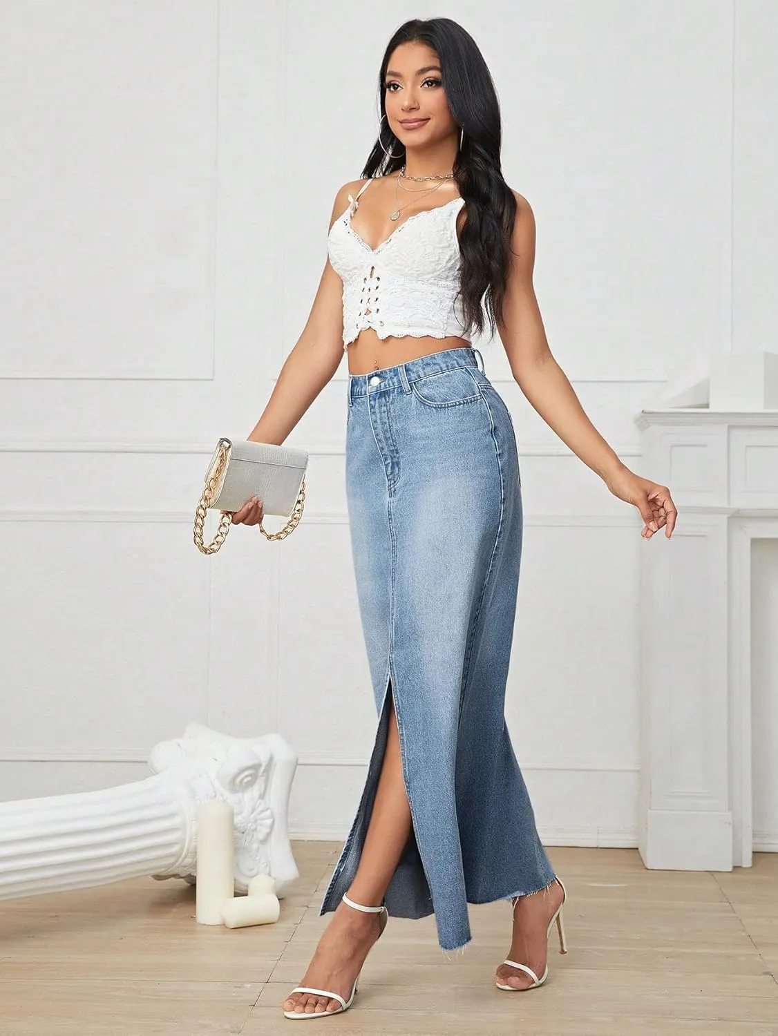 Verdusa Women's Split Thigh High Waist Bodycon Maxi Denim Skirt