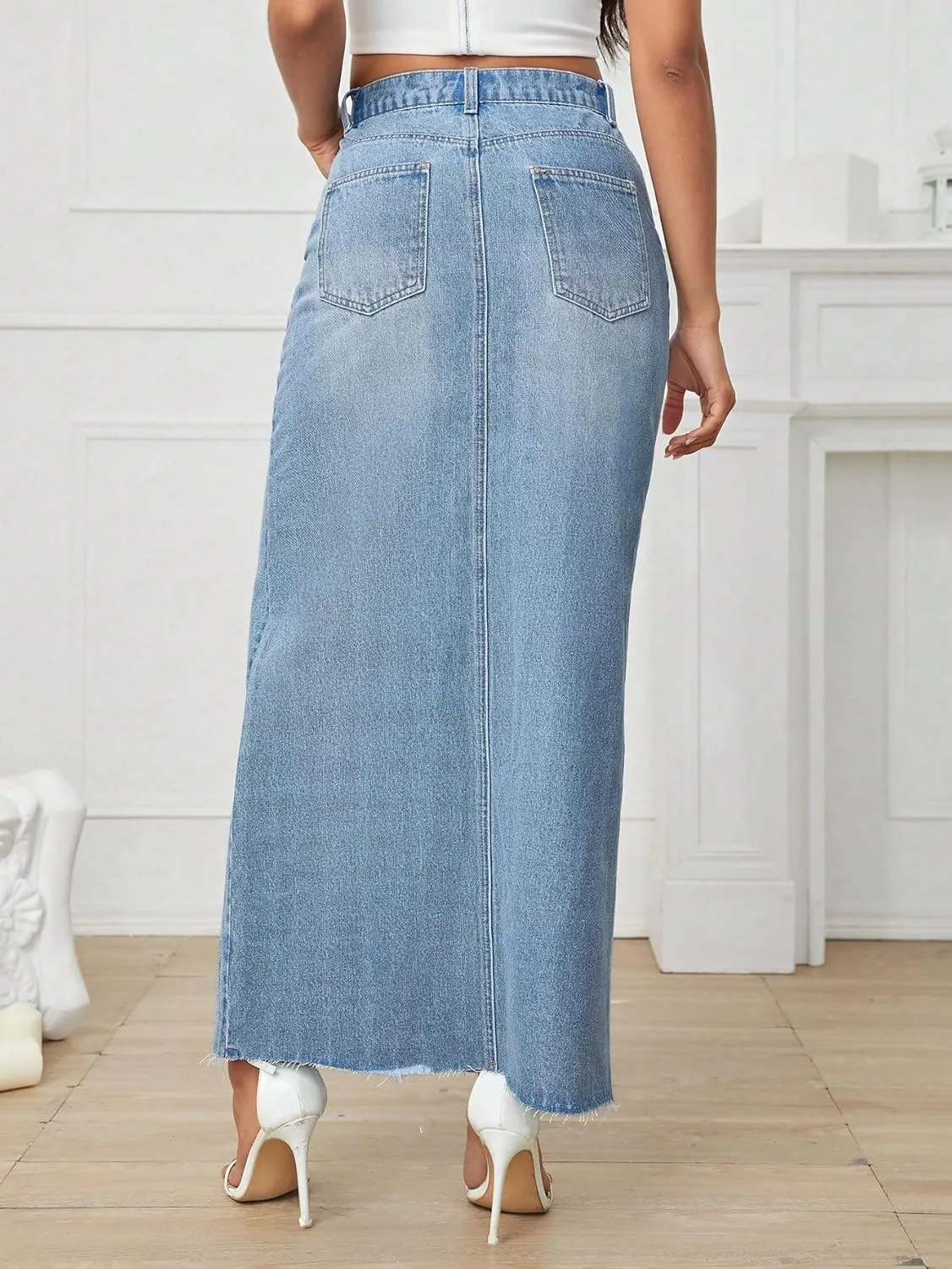 Verdusa Women's Split Thigh High Waist Bodycon Maxi Denim Skirt