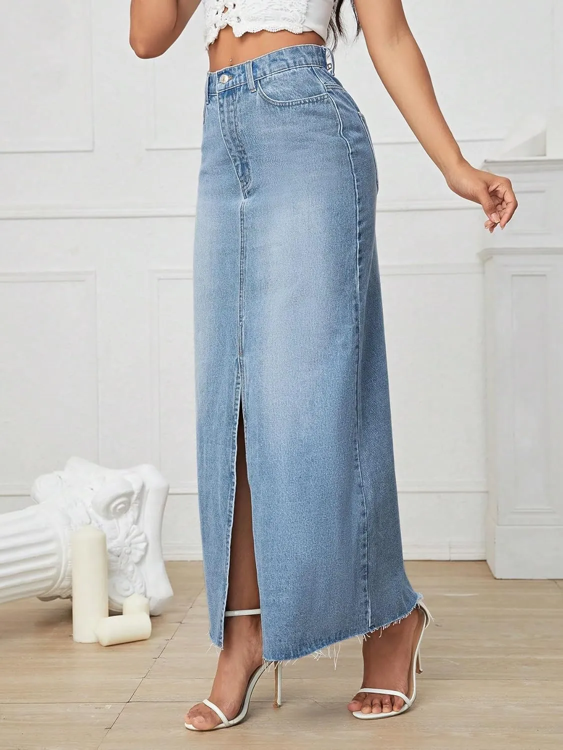 Verdusa Women's Split Thigh High Waist Bodycon Maxi Denim Skirt