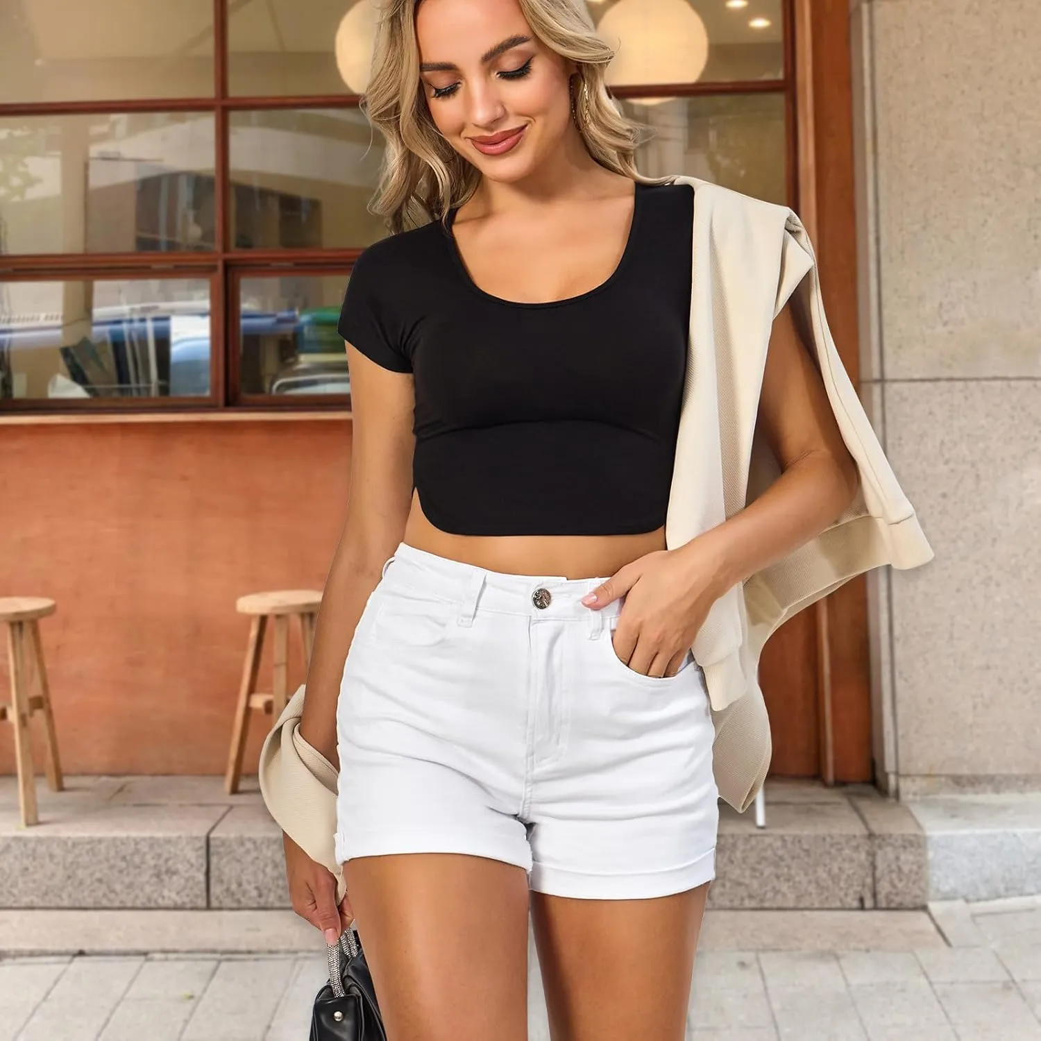 VIPONES Women Denim Shorts High Rise Trendy Stretch Frayed Summer Casual Jean Shorts