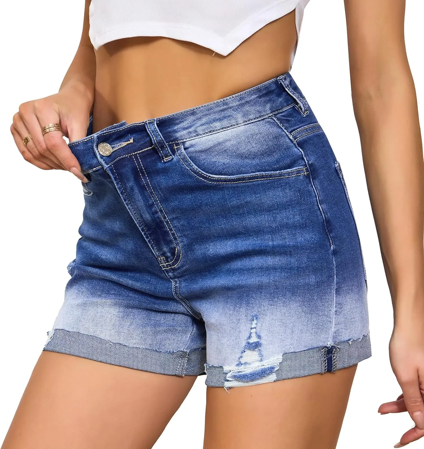 VIPONES Women Denim Shorts High Rise Trendy Stretch Frayed Summer Casual Jean Shorts