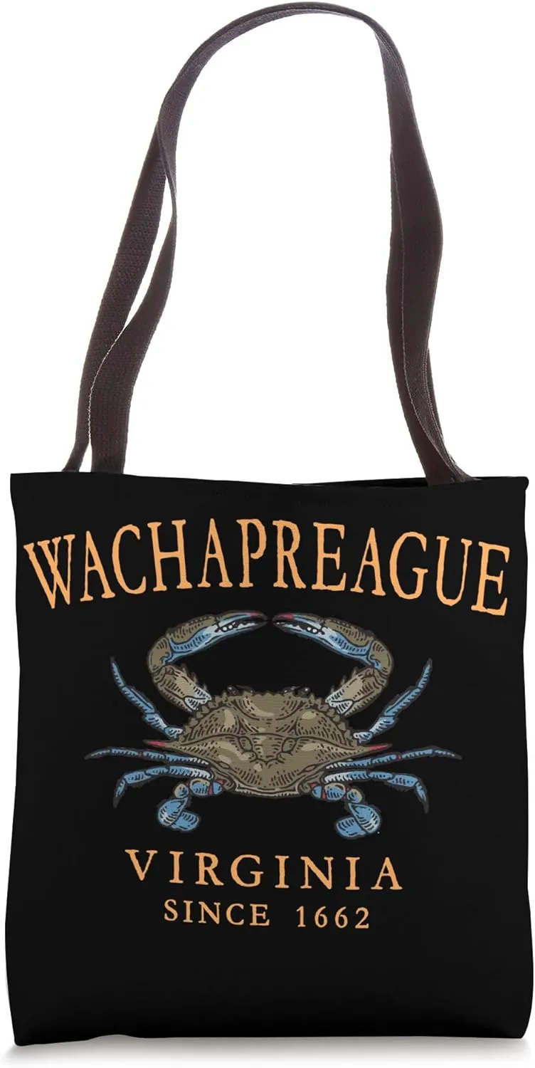 Wachapreague Virginia Blue Crab Since 1662 Orange Letters Tote Bag