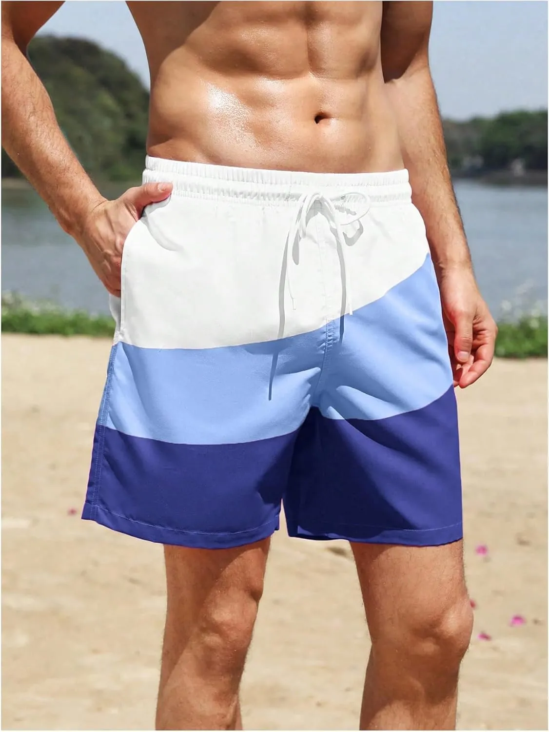 WDIRARA Men's Color Block Beach Shorts Summer Swim Shorts with Drawstring and Pockets
