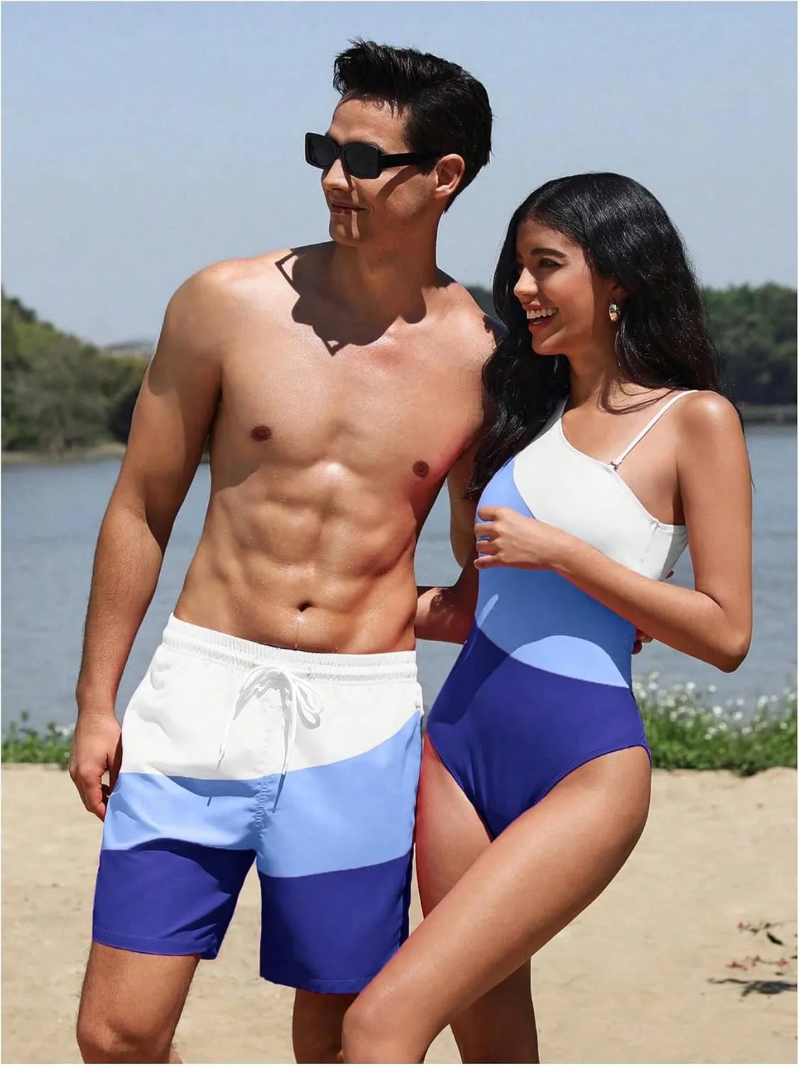 WDIRARA Men's Color Block Beach Shorts Summer Swim Shorts with Drawstring and Pockets