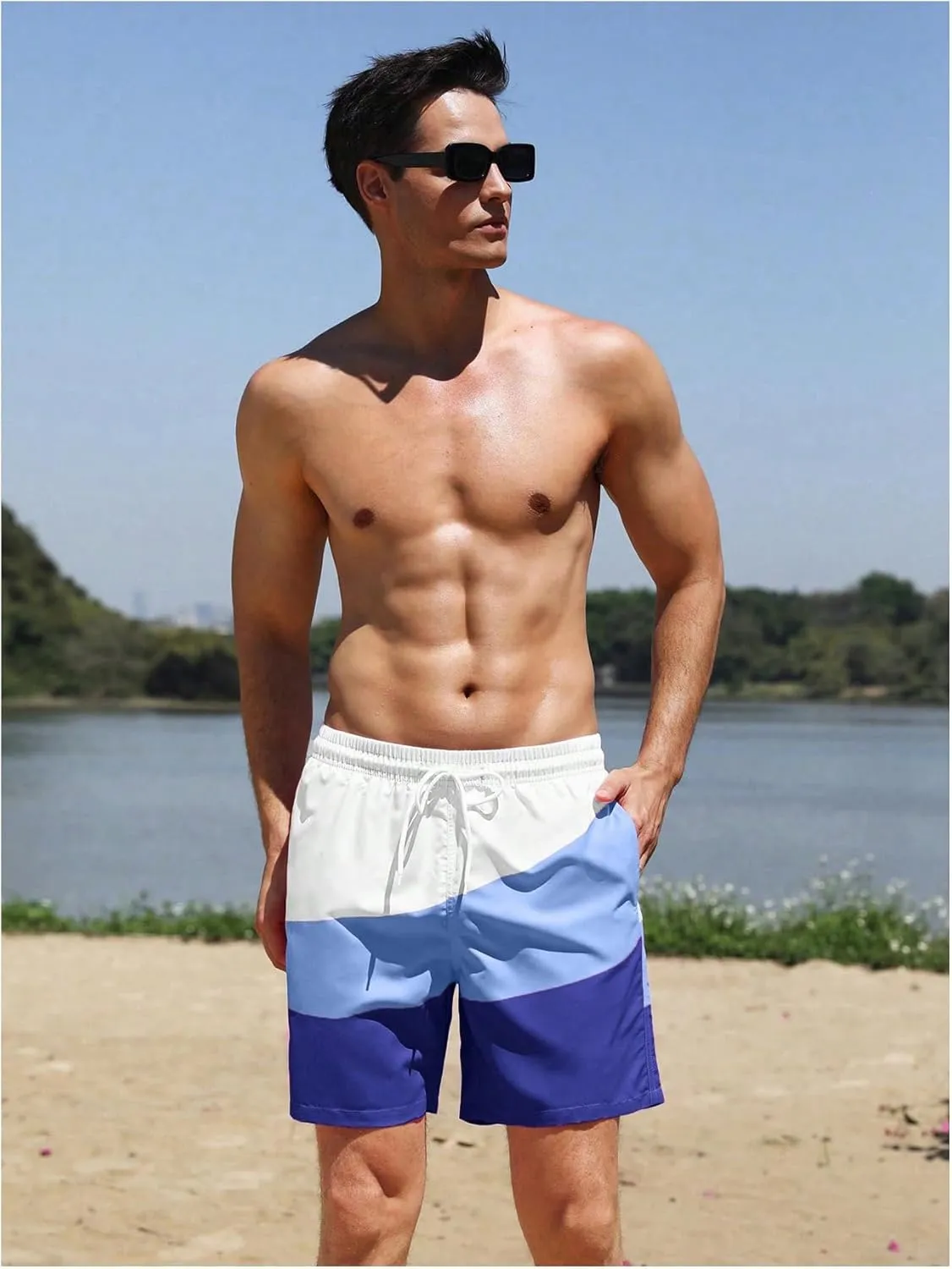 WDIRARA Men's Color Block Beach Shorts Summer Swim Shorts with Drawstring and Pockets