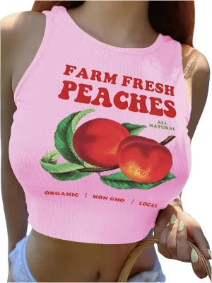 WDIRARA Women's Printed Crop Tank Tops Graphic Cami Top Summer Ribbed Slim Fit Tee