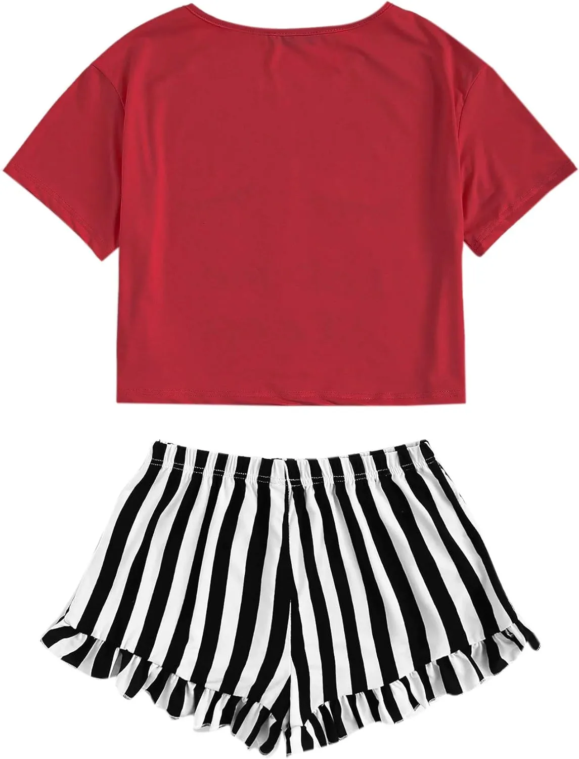 WDIRARA Women's Sleepwear Closed Eyes Print Tee and Striped Shorts Cute Pajama Set