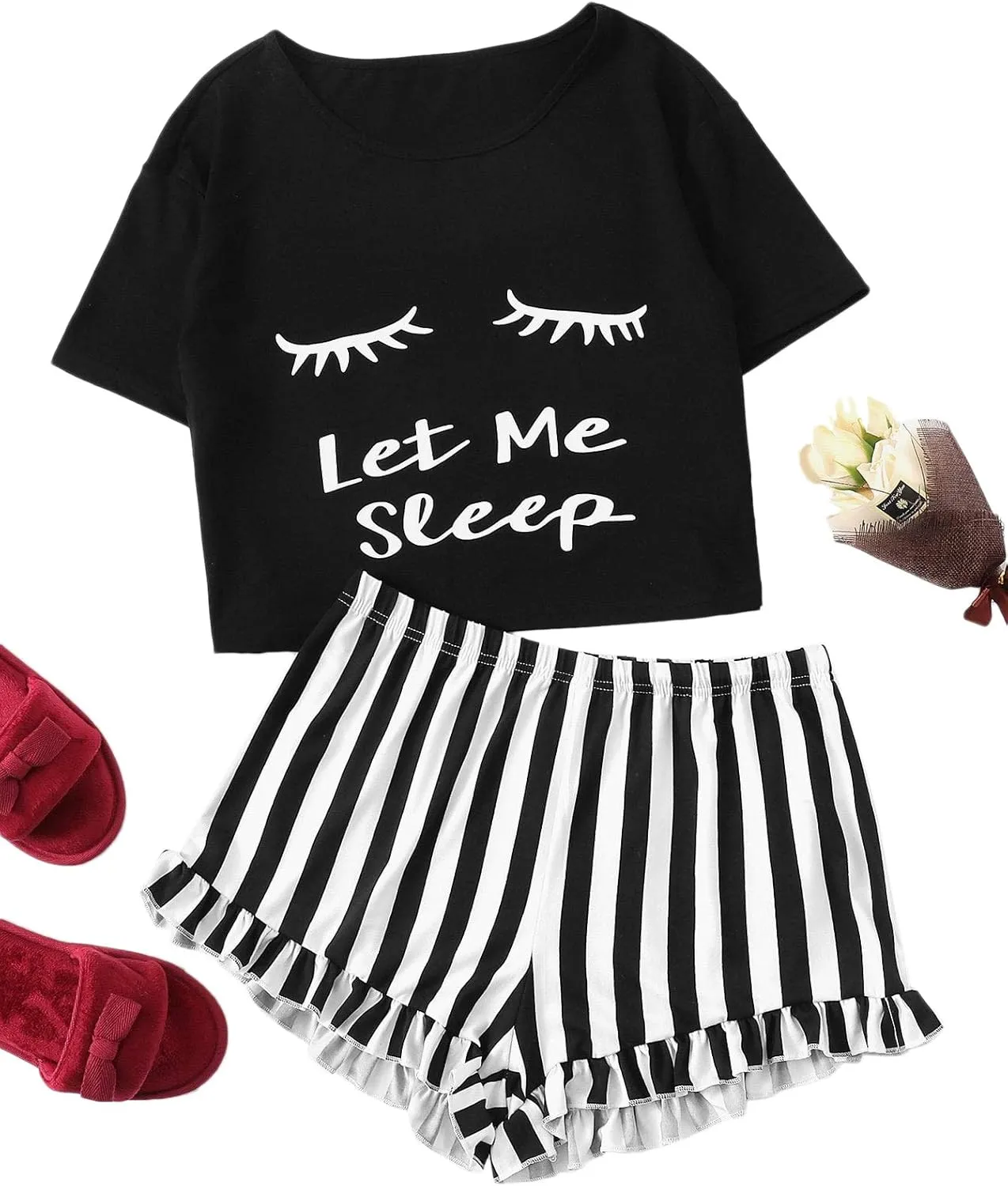 WDIRARA Women's Sleepwear Closed Eyes Print Tee and Striped Shorts Cute Pajama Set