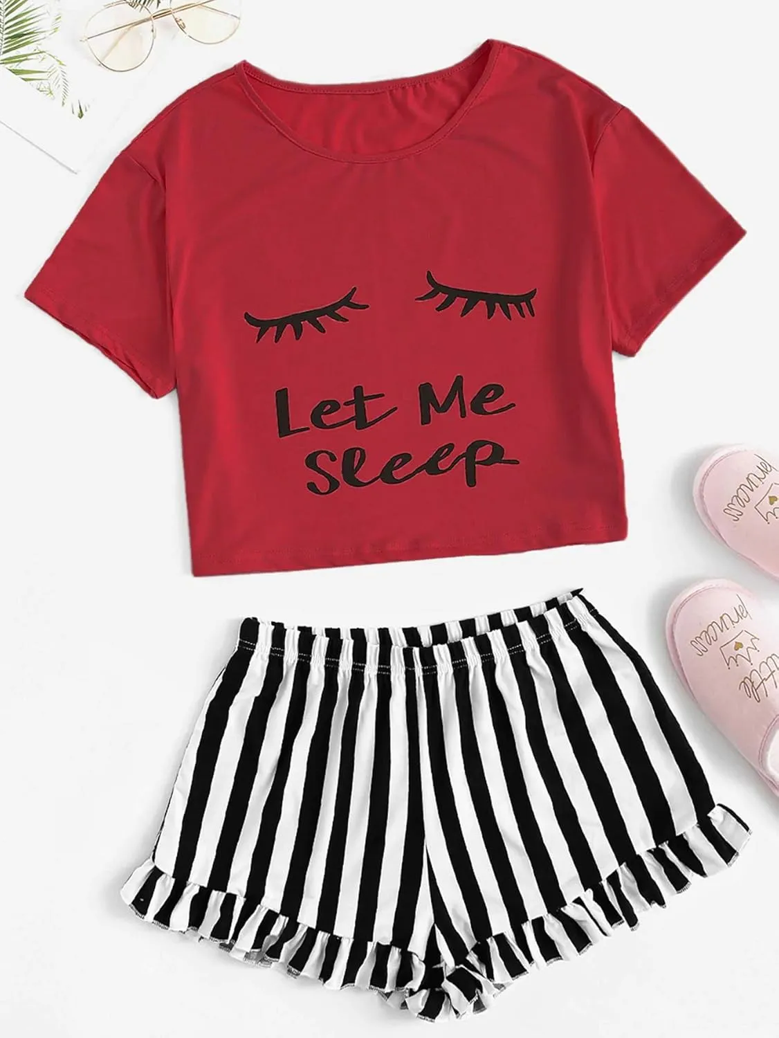 WDIRARA Women's Sleepwear Closed Eyes Print Tee and Striped Shorts Cute Pajama Set