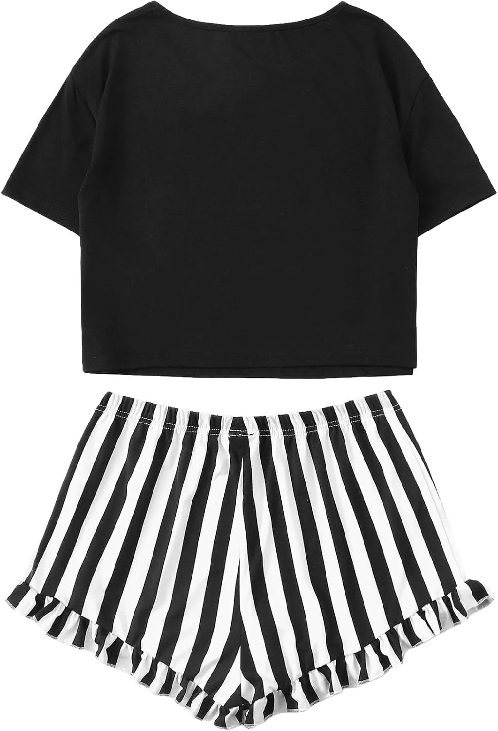 WDIRARA Women's Sleepwear Closed Eyes Print Tee and Striped Shorts Cute Pajama Set