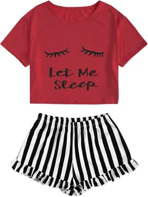 WDIRARA Women's Sleepwear Closed Eyes Print Tee and Striped Shorts Cute Pajama Set
