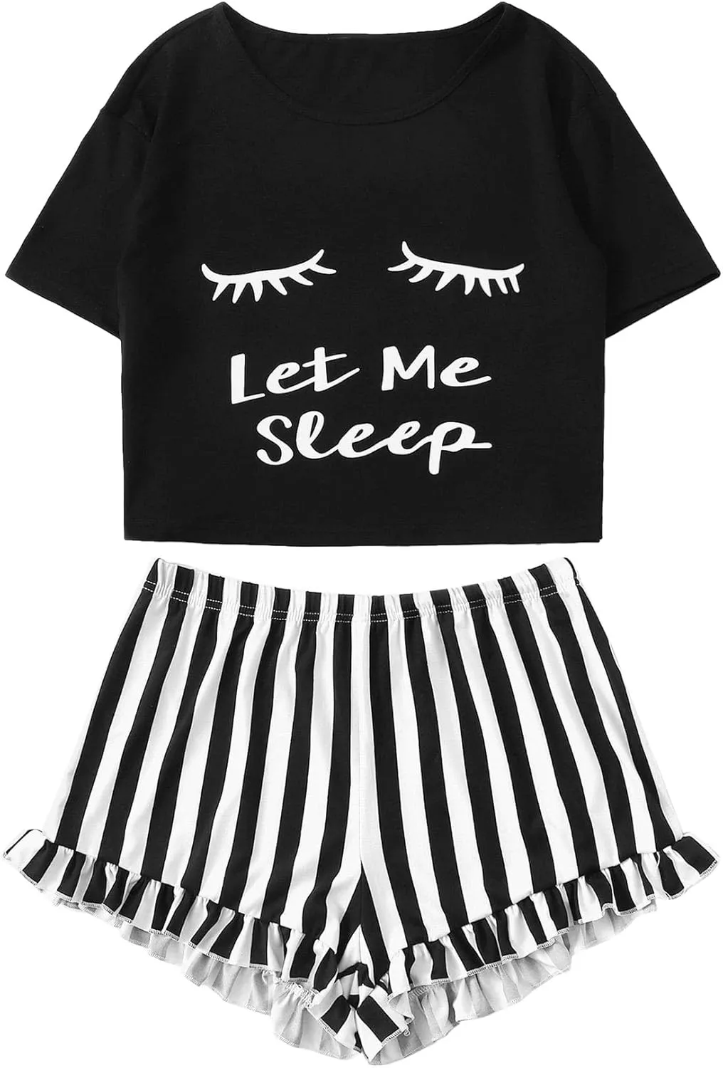 WDIRARA Women's Sleepwear Closed Eyes Print Tee and Striped Shorts Cute Pajama Set